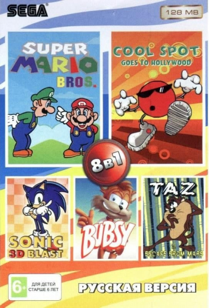 Картридж (16 бит) cборник игр 8в1 "RU-12801" SONIC 3D BLAST/S.MARIO BROS/BUBSY/TAZ FROM MARS/SPOT TO HOLLYWOOD +.. для Сеги