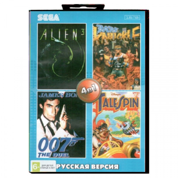 Картридж (16 бит) cборник игр 4в1 "AA-4118(RU)" ALIEN 3/BARE RNUCKLE/JAMES BOND: THE DUEL /TALESPI для Сеги