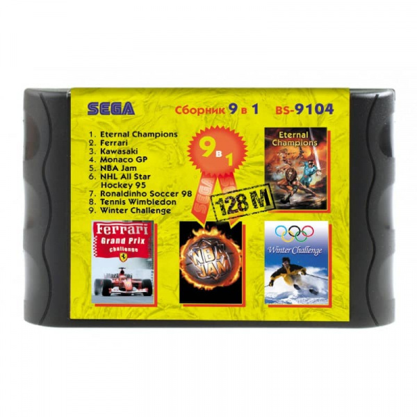Картридж (16 бит) cборник игр 9в1 "BS-9104" (Ferrari+NBA Jam+RonaldSoc98+Tennis+...) (рус) (без коробки) для Сеги Картридж (16 бит) cборник игр 9в1 "BS-9104" (Ferrari+NBA Jam+RonaldSoc98+Tennis+...) (рус) (без коробки) для Сеги